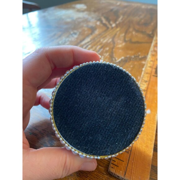 Vintage Pearl-Embellished Round Jewelry Trinket Box With Rhinestone Accent & Vel - Picture 5 of 7